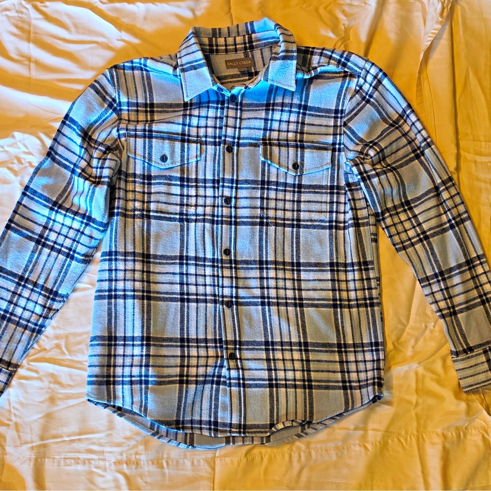 Falls Creek Men's Plaid Flannel Cotton Long Sleeve Button-Up Pockets M Blue #55